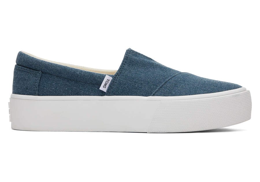 Fenix Platform Blue Canvas Slip On Sneaker Side View Opens in a modal