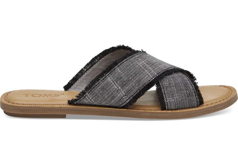 Black Textured Chambray Women's Viv Sandals Side View Opens in a modal