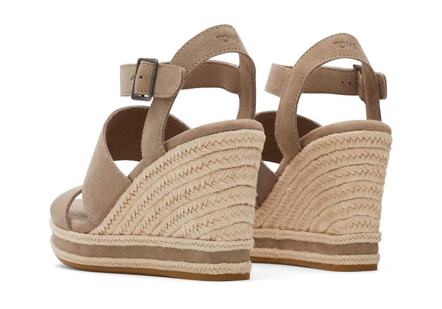 Madelyn Taupe Suede Wedge Sandal Back View Opens in a modal