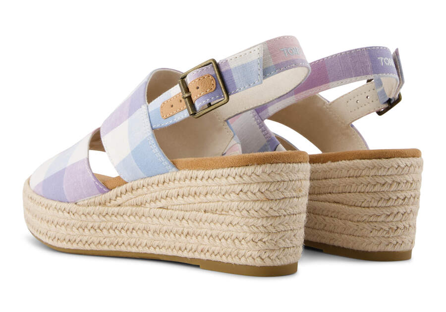 Claudine Blue Picnic Plaid Wedge Sandal Back View Opens in a modal