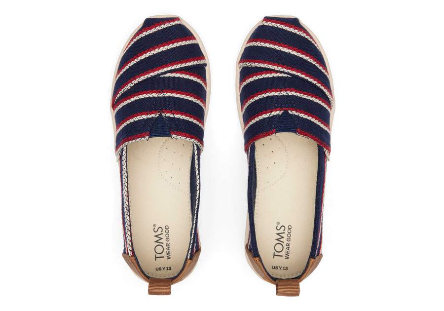 Youth Alpargata Navy Woven Stripes Kids Shoe Top View Opens in a modal