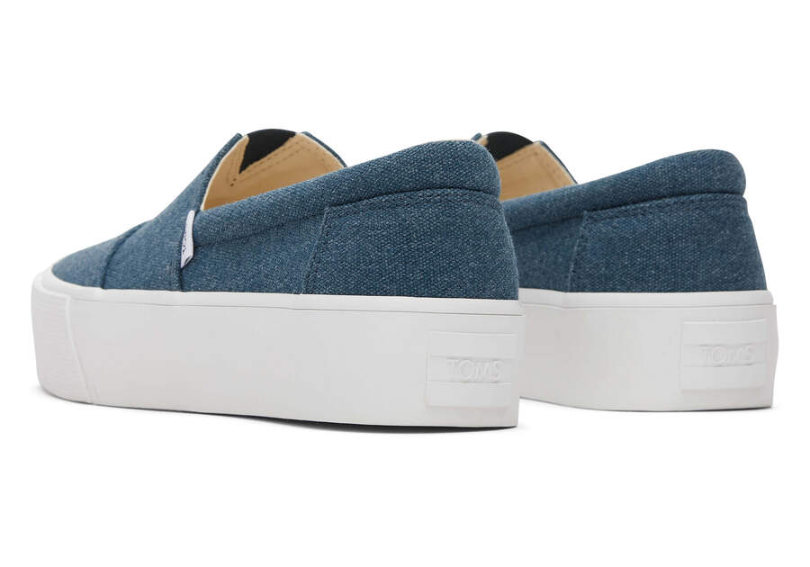 Fenix Platform Blue Canvas Slip On Sneaker Back View Opens in a modal