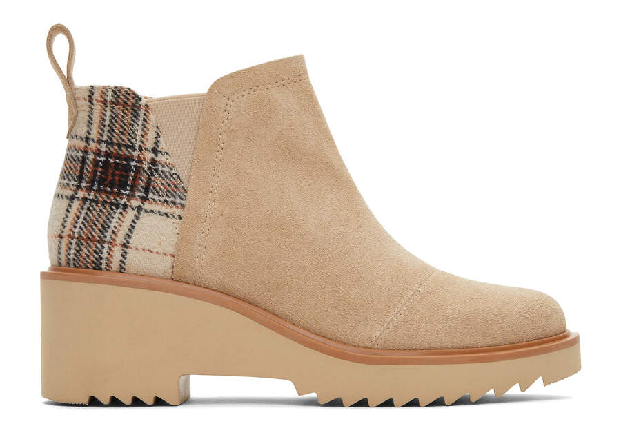 Maude Oatmeal Suede with Plaid Wedge Boot Side View