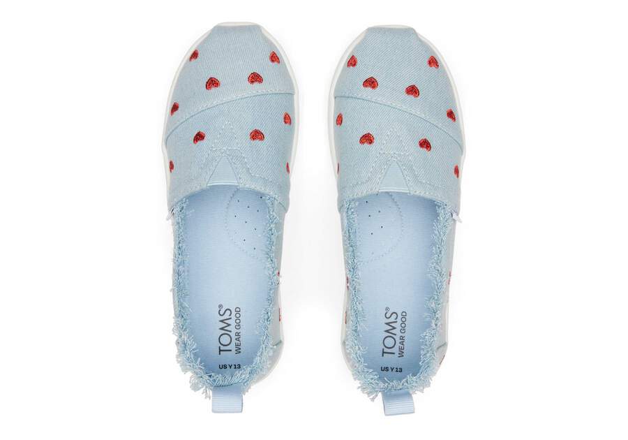 Youth Alpargata Denim Hearts Kids Shoe Top View Opens in a modal
