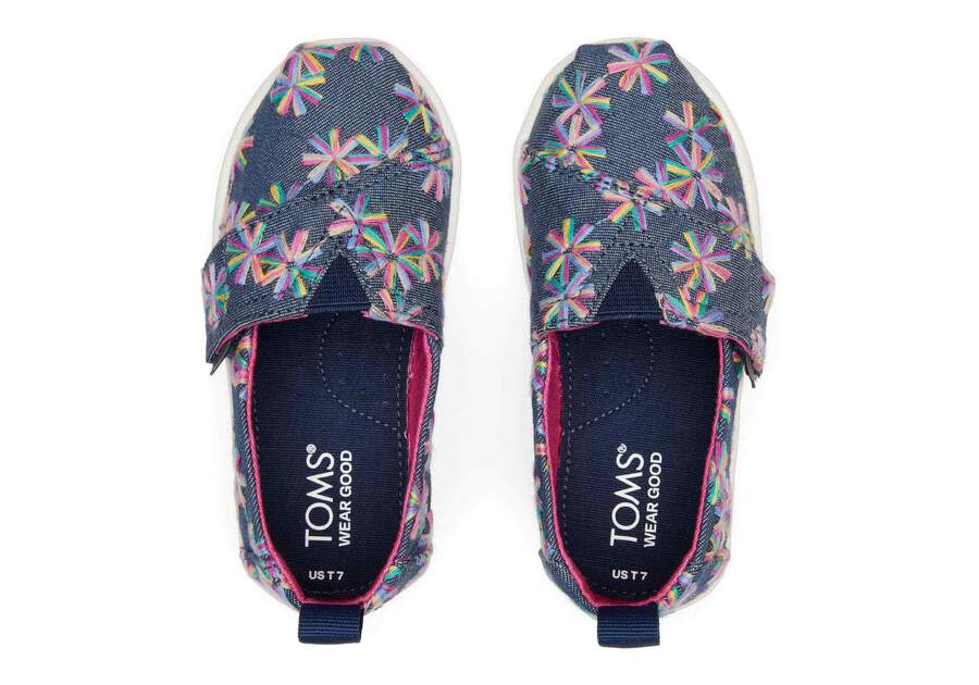 Alpargata Navy Embroidered Floral Toddler Shoe Top View Opens in a modal