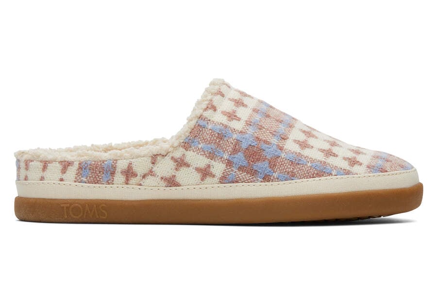 Sage Pink Plaid Faux Shearling Slipper Side View Opens in a modal