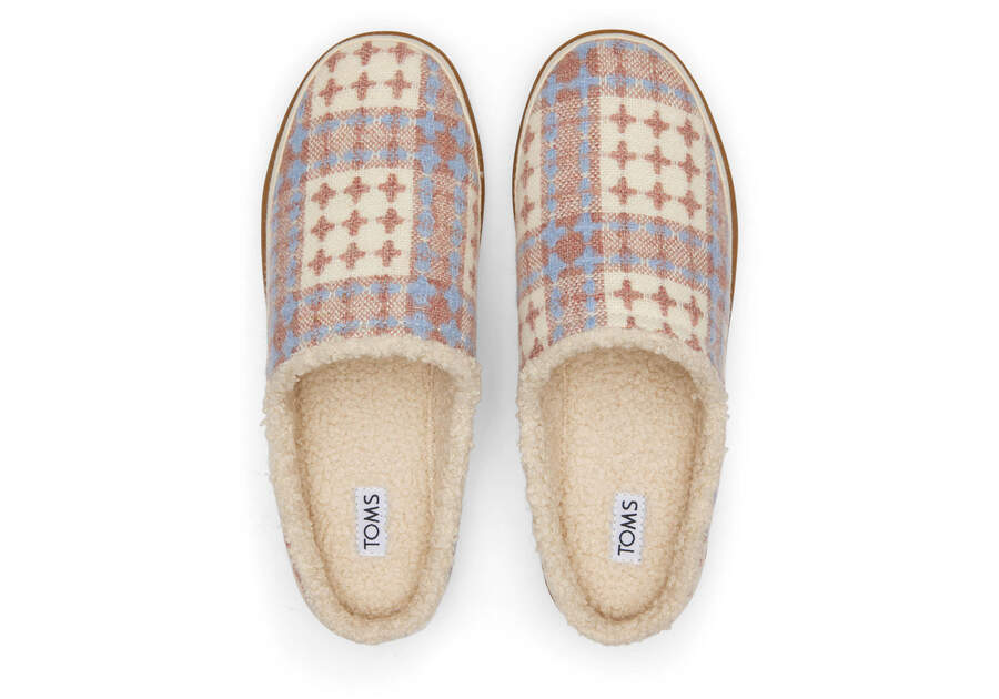 Sage Pink Plaid Faux Shearling Slipper Top View Opens in a modal