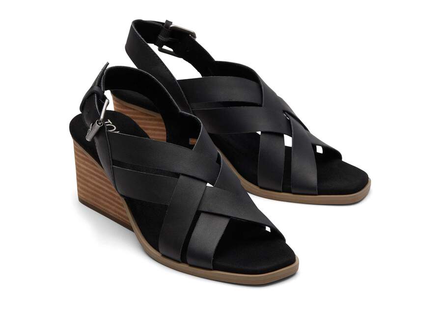 Gracie Black Leather Wedge Sandal Front View Opens in a modal