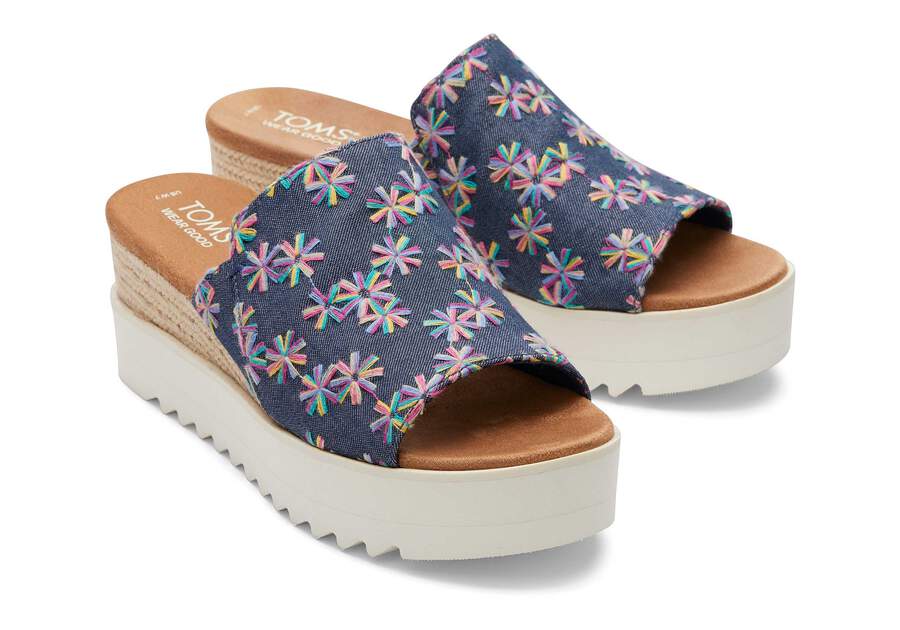 Diana Mule Blue Embroidered Floral Sandal Front View Opens in a modal