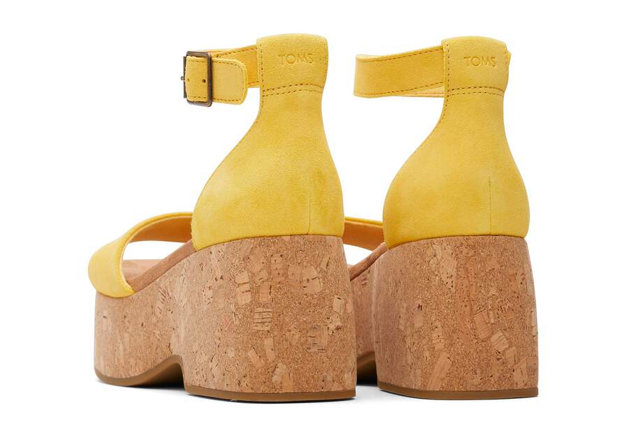 Laila Yellow Suede Platform Cork Sandal Back View Opens in a modal