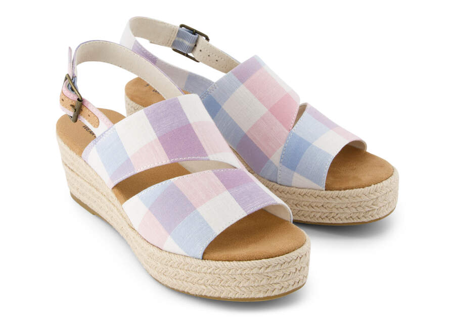 Claudine Blue Picnic Plaid Wedge Sandal Front View Opens in a modal