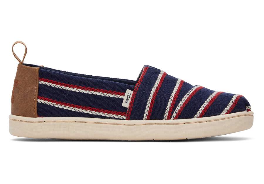 Youth Alpargata Navy Woven Stripes Kids Shoe Side View Opens in a modal