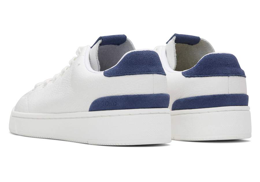 TRVL LITE White and Blue Leather Lace-Up Sneaker Back View Opens in a modal