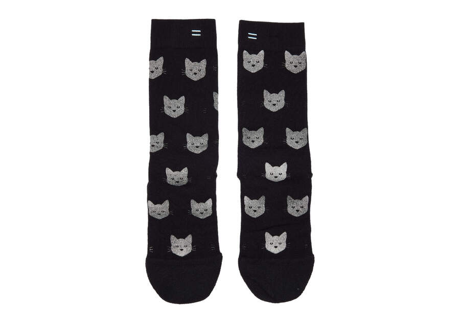 Light Cushioned Crew Socks Black Cats Front View Opens in a modal