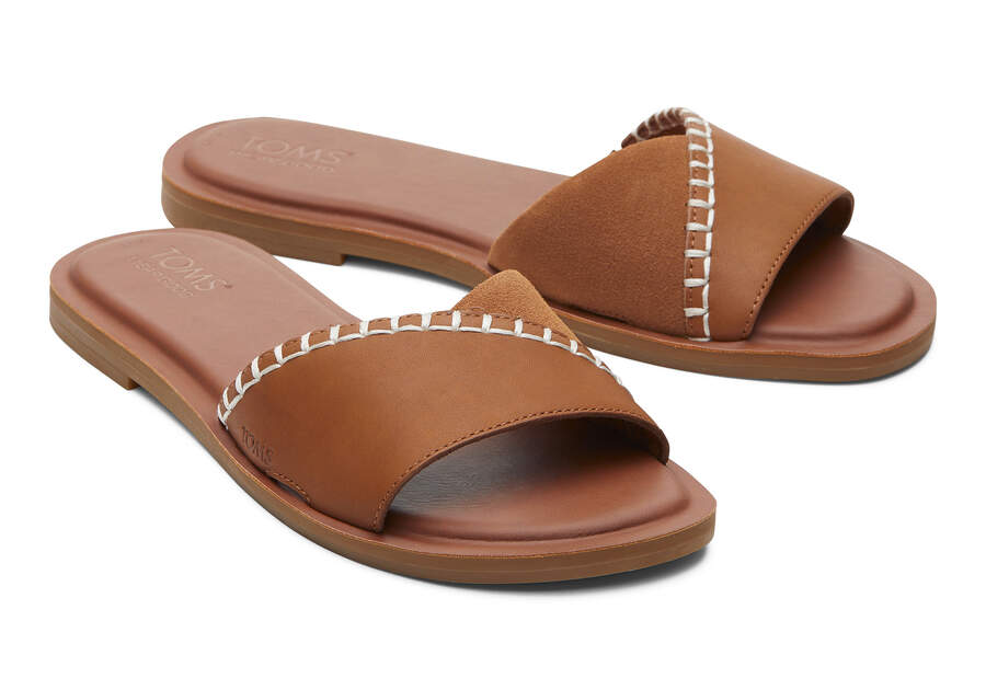 Shea Tan Leather Slide Sandal Front View Opens in a modal