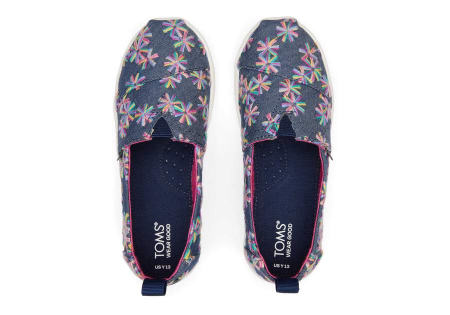 Youth Alpargata Navy Embroidered Floral Kids Shoe Top View Opens in a modal