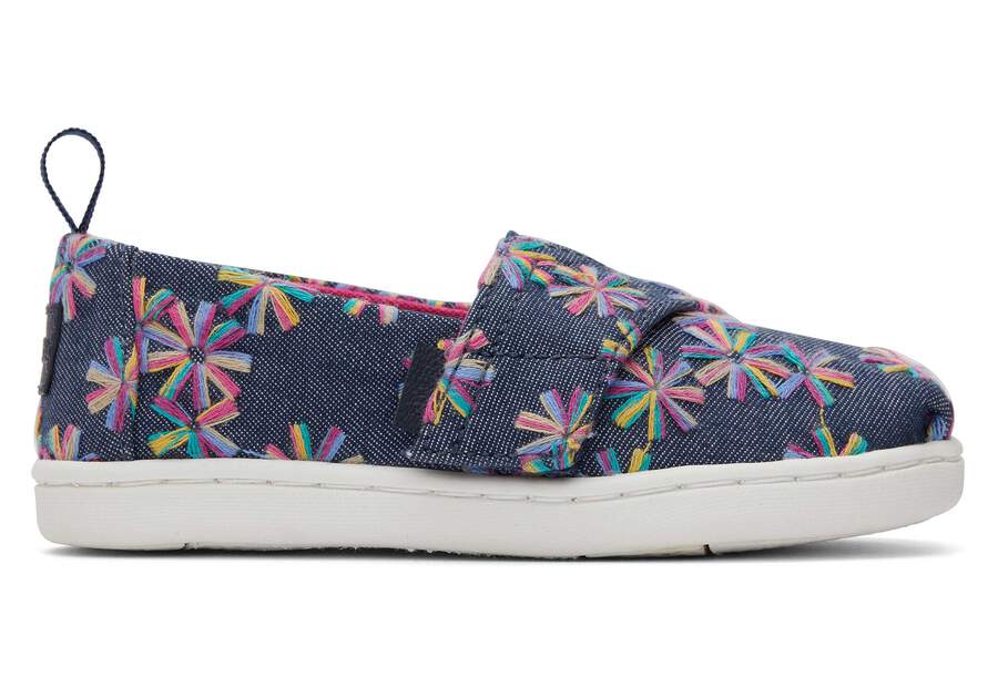 Alpargata Navy Embroidered Floral Toddler Shoe Side View Opens in a modal