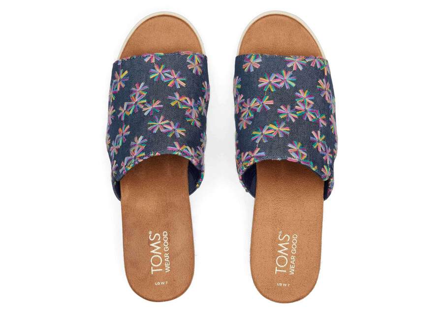 Diana Mule Blue Embroidered Floral Sandal Top View