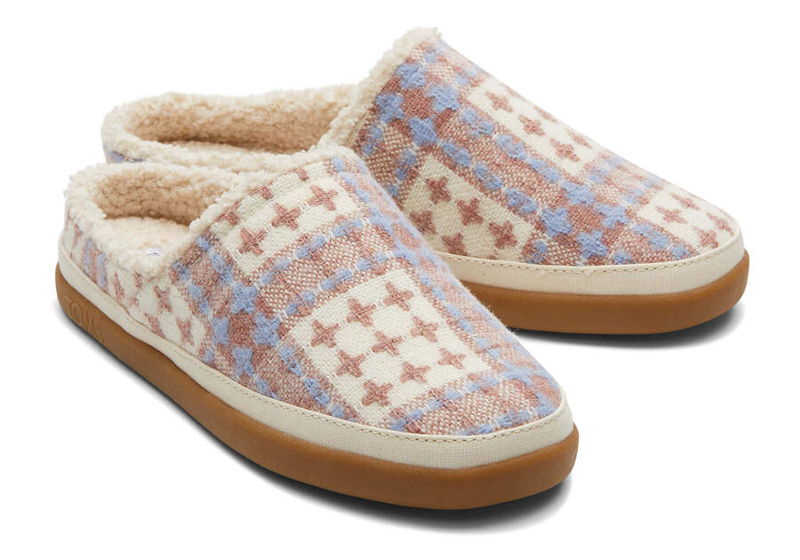 Sage Pink Plaid Faux Shearling Slipper Front View Opens in a modal
