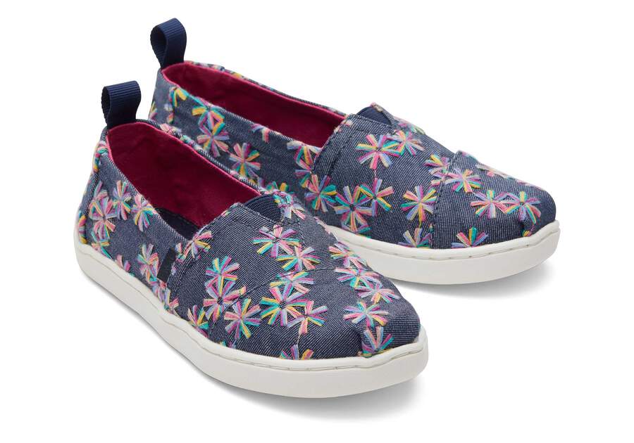 Youth Alpargata Navy Embroidered Floral Kids Shoe Front View Opens in a modal