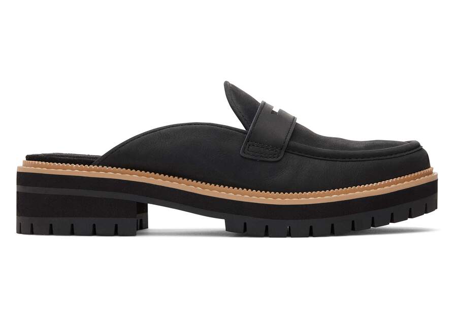 Cara Mule Black Leather Loafer Side View Opens in a modal