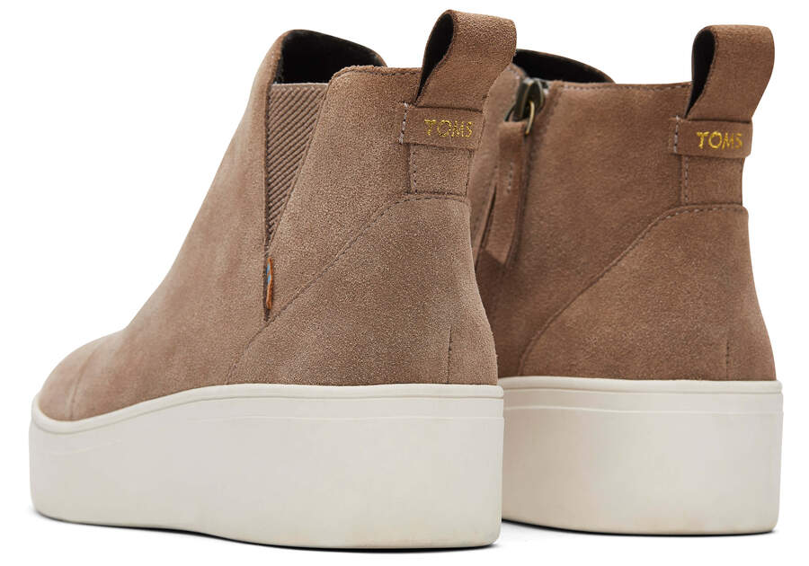 Jamie Taupe Suede Slip On Sneaker Back View Opens in a modal