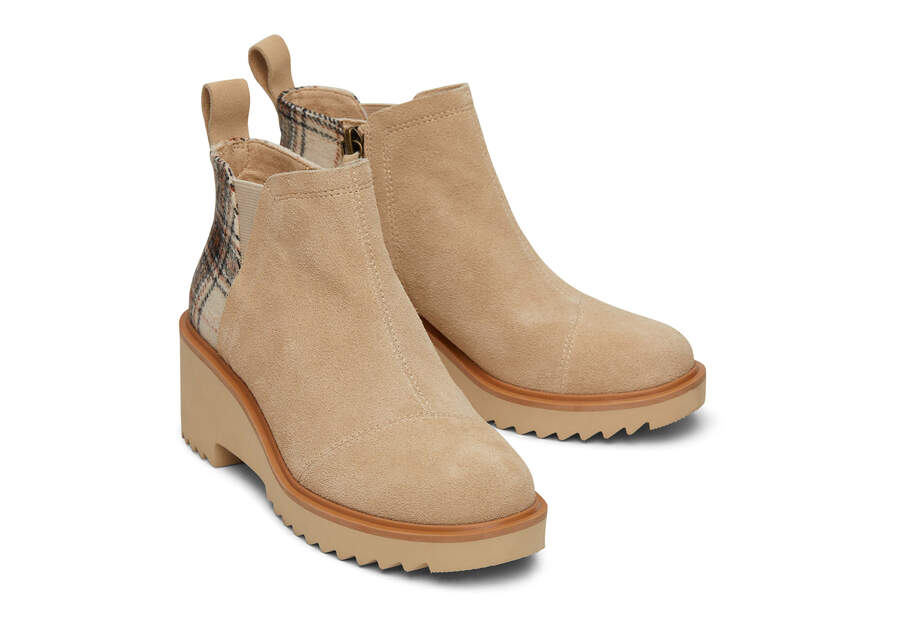 Maude Oatmeal Suede with Plaid Wedge Boot Front View Opens in a modal