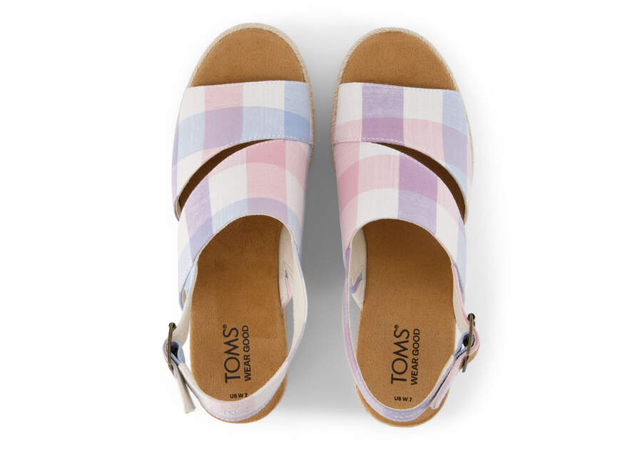 Claudine Blue Picnic Plaid Wedge Sandal Top View Opens in a modal