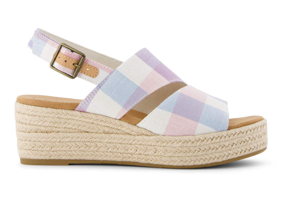 Claudine Blue Picnic Plaid Wedge Sandal Side View Opens in a modal