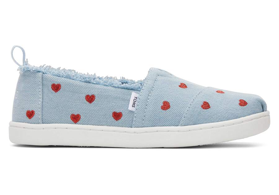 Youth Alpargata Denim Hearts Kids Shoe Side View Opens in a modal