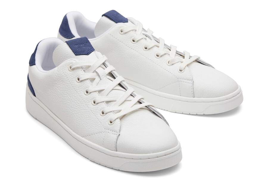 TRVL LITE White and Blue Leather Lace-Up Sneaker Front View Opens in a modal