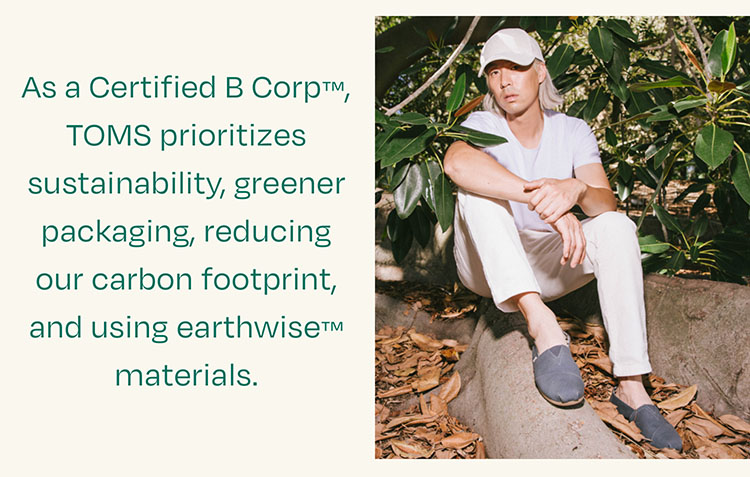 As a Certified B Corp™, TOMS prioritizes sustainability, greener packaging, reducing our carbon footprint, and using earthwise™ materials. Model wearing The Dark Slate Alpargata Heritage Canvas Shoe shown.