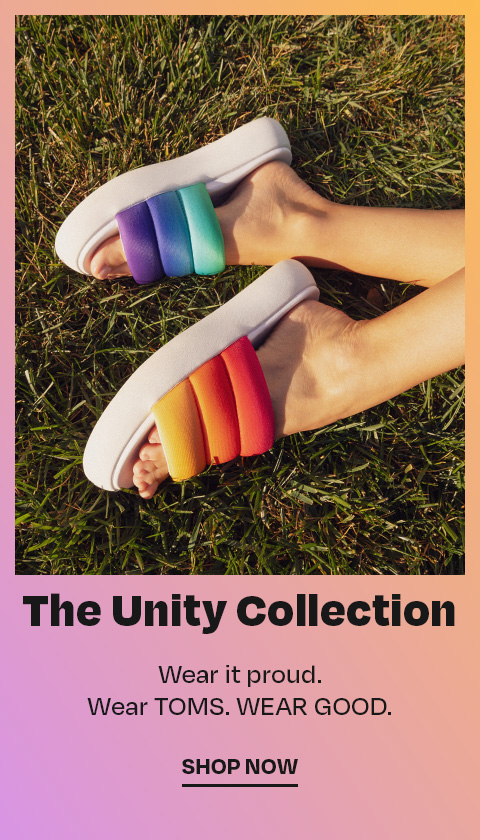 The women's rainbow Mallow Slide Unity Sandal shown. The Unity Collection. Wear it proud. Shop Now.
