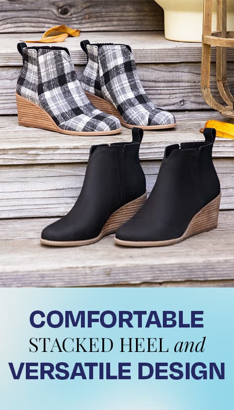Women's Plaid Clare Boot in grey and Leather Suede Clare in black shown. Comfortable stacked heel and versatile design. Shop Now.
