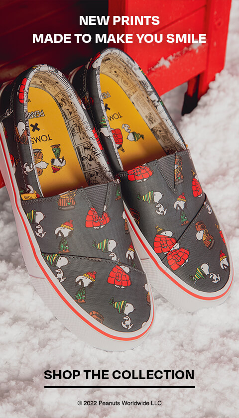 TOMS x PEANUTS. Shop the Collection. New prints made to make you smile. Women's black Snoopy print TOMS X PEANUTS Fenix Slip On Sneaker shown. © 2022 Peanuts Worldwide LLC