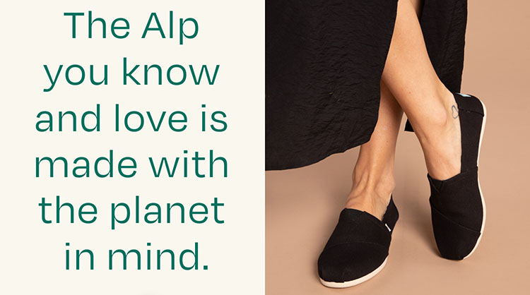 The Alp you know and love is made with the planet in mind. Cropped view view of a model wearing the Alpargata in Black Recycled Cotton Canvas shown.