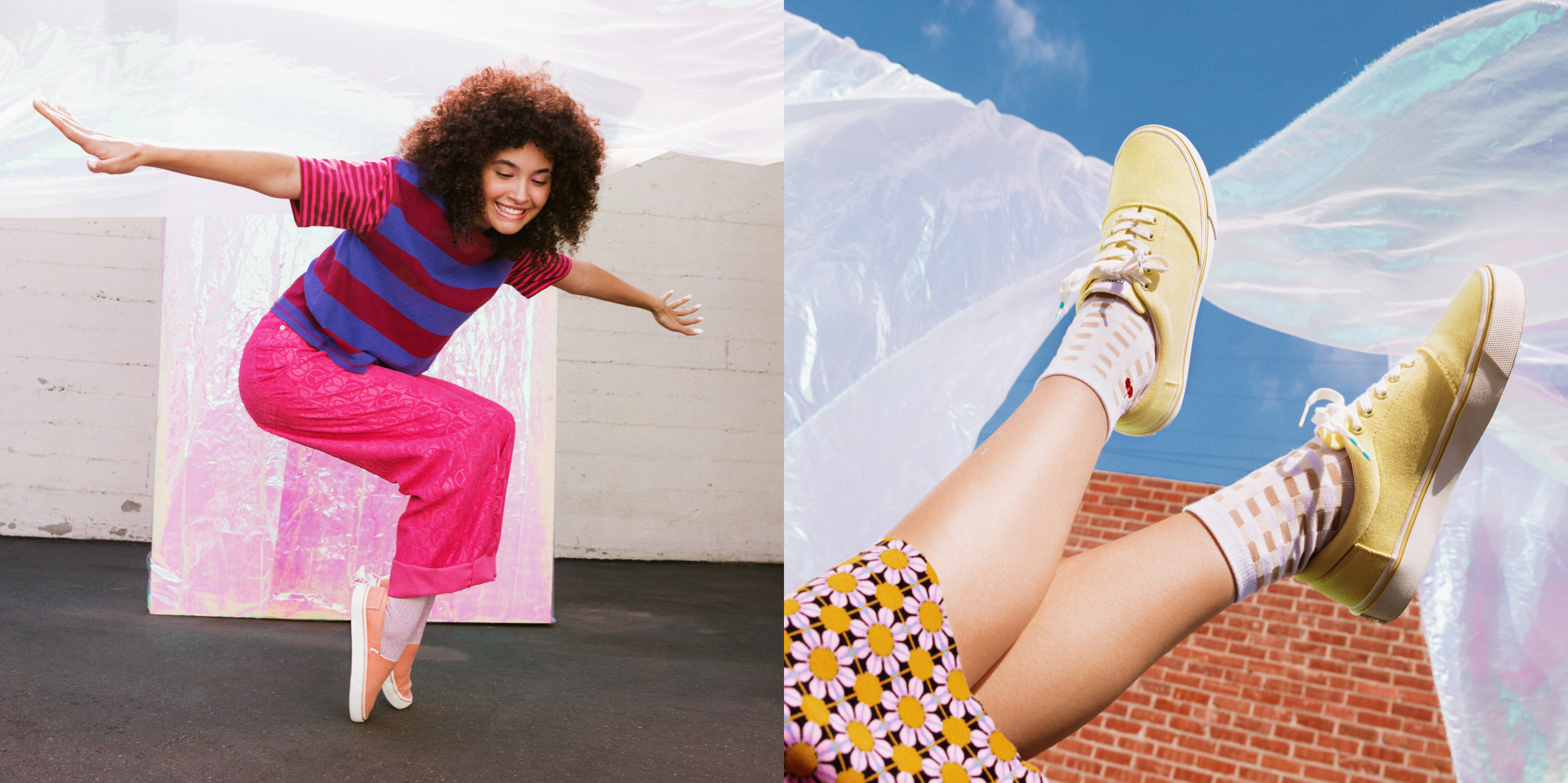 Model wearing lace up sneakers in various colors.