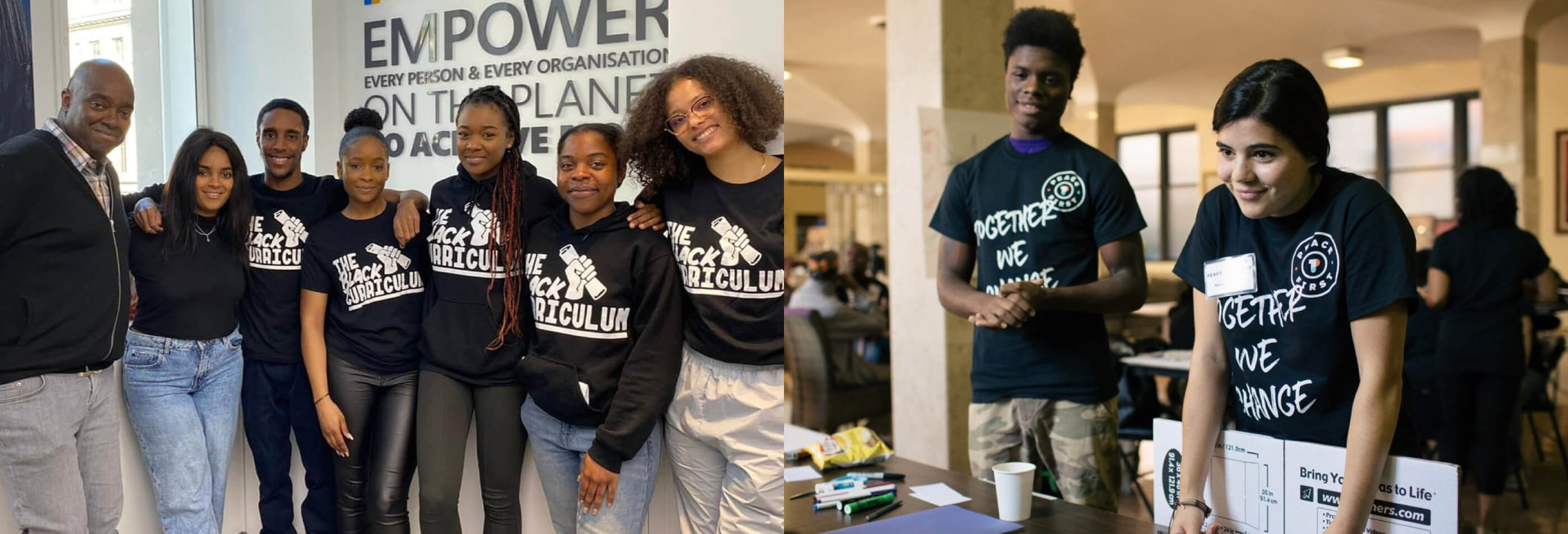 A group of young adults wearing t-shirts that say 'The Black Curriculum' or 'Together we Change'.