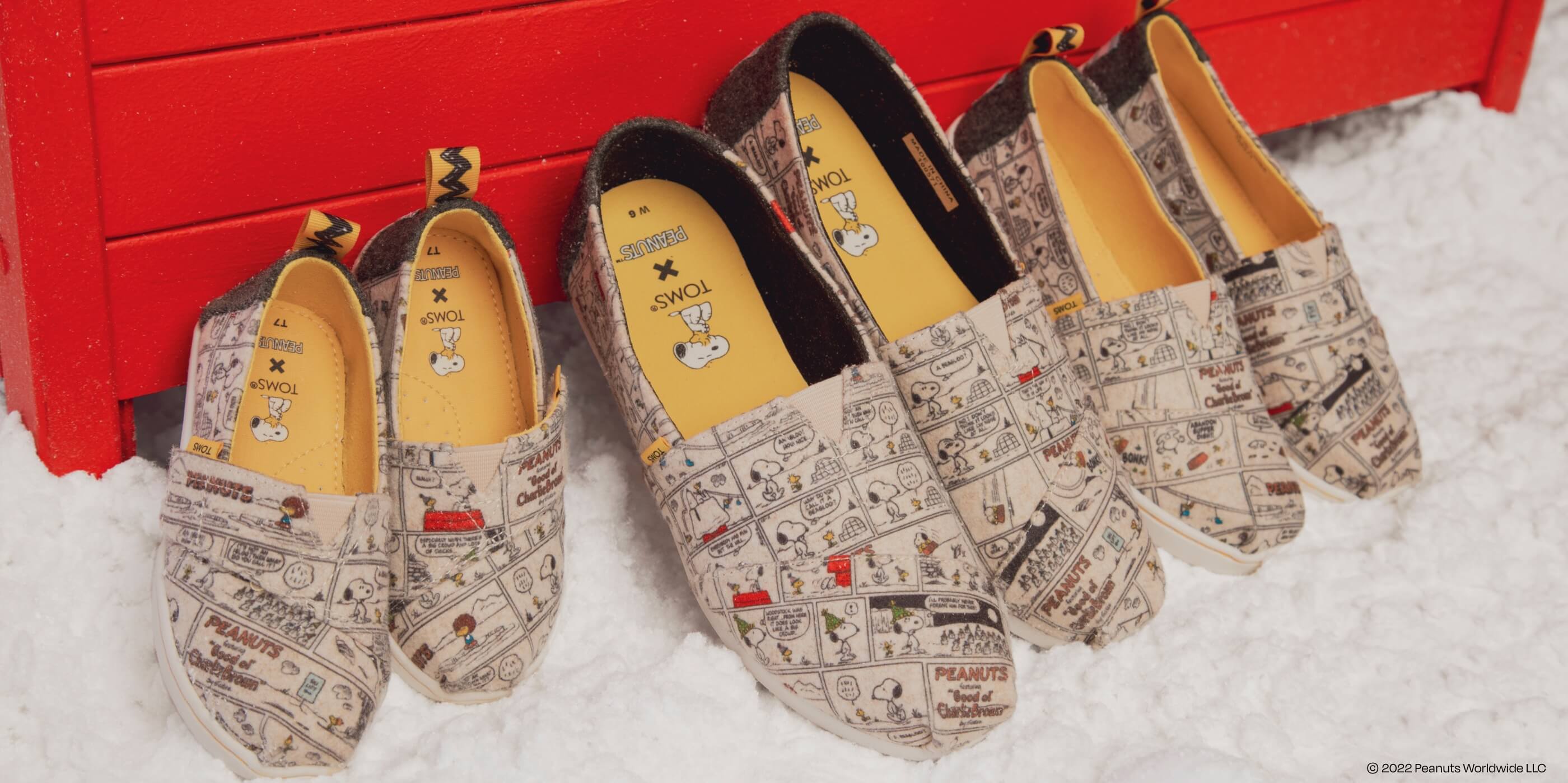 Women's, Youth, and Tiny TOMS X PEANUTS Espadrille Alpargatas featuring Snoopy and Woodstock shown.