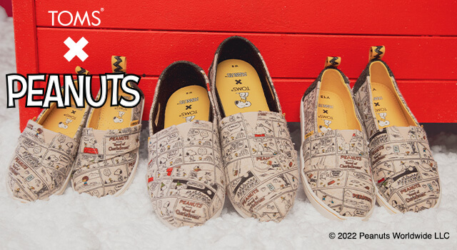 Women's, Youth, and Tiny TOMS X PEANUTS Espadrille Alpargatas shown featuring Snoopy and Woodstock.