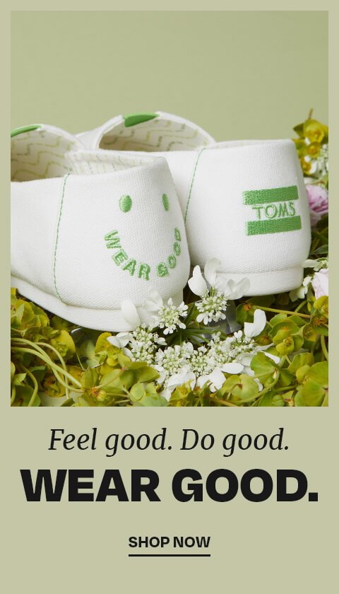 Feel good. Do good. WEAR GOOD. Shop Now. Women's white Recycled Cotton Canvas Wear Good Embroidery Alpargatas shown.