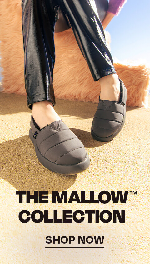 The Mallow(TM) Collection. Shop Now. Cropped feet view of model wearing the Mallow Repreve faux fur sneaker in forged iron.